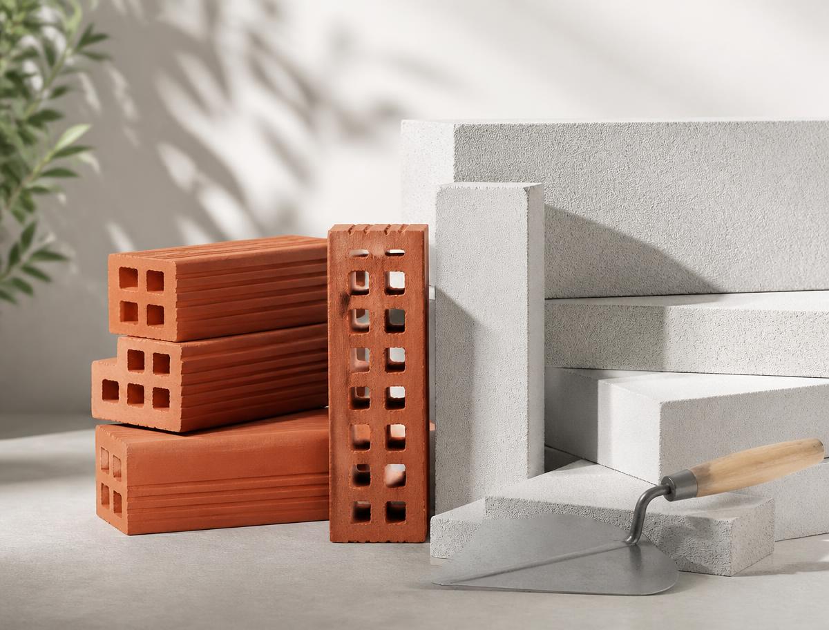 Red bricks arranged beside pale grey AAC blocks